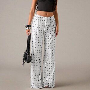 Black And White Casual Women's Waist Tie Polka Dot Sequin Wide Leg Loose Pants